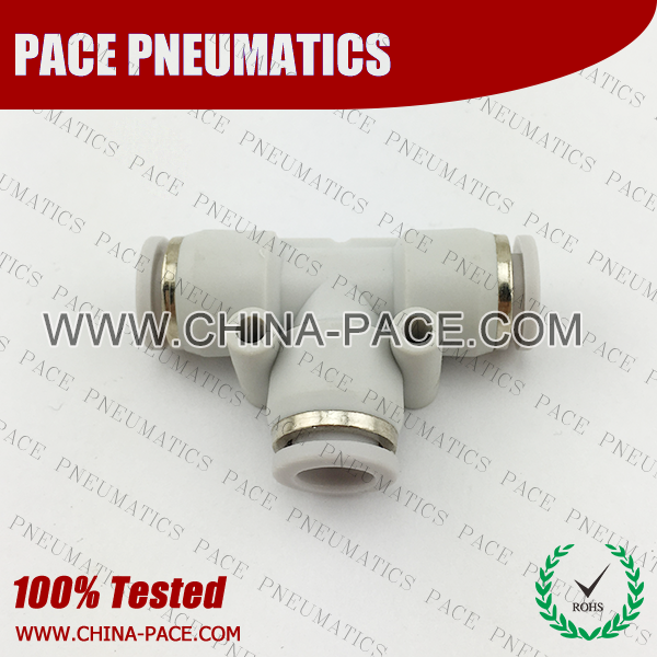 Grey White Composite Push In Fittings Union Tee, Polymer Push To Connect Fittings, Plastic Pneumatic Fittings, Air Fittings, one touch tube fittings, Pneumatic Fitting, Nickel Plated Brass Push in Fittings, pneumatic accessories.